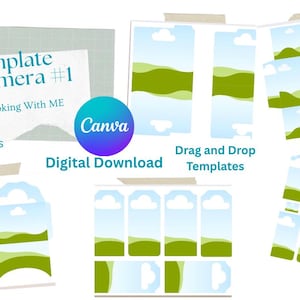 Puede incluir: Conjunto de plantillas digitales de efímeras para scrapbooking con más de 35 piezas. Incluye plantillas de arrastrar y soltar con diseños de paisajes, un logotipo de Canva y el texto "Template Ephemera #1" y "Scrapbooking With ME". También se incluye un gráfico de mariposa.