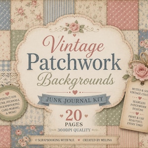 May include: A digital junk journal kit featuring vintage patchwork backgrounds. The design includes a variety of patterns, including floral, polka dots, and stripes, in soft pastel colors. The kit includes 20 pages with a 300 DPI quality.