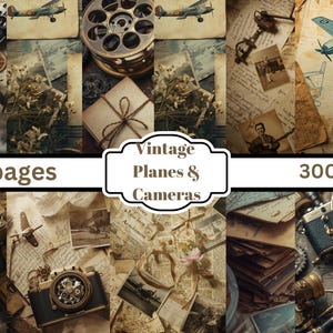 Puede incluir: Un collage con cámaras antiguas, modelos de aviones y elementos de papel envejecido. La imagen incluye el texto "Vintage Planes & Cameras", "18 pages" y "300dpi". La paleta de colores está dominada por tonos sepia, evocando una sensación de nostalgia e historia.