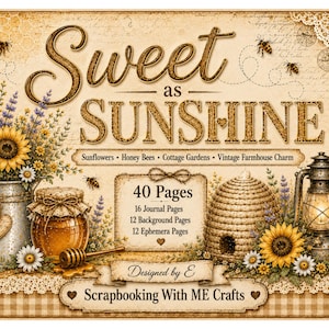 Peut inclure: Un pack de papier de scrapbooking intitulé Sweet as Sunshine avec des tournesols, des abeilles, une ruche, une lanterne et un pot de miel. Le texte inclut 40 Pages, 16 Journal Pages, 12 Background Pages, 12 Ephemera Pages, Designed by E et Scrapbooking With ME Crafts.