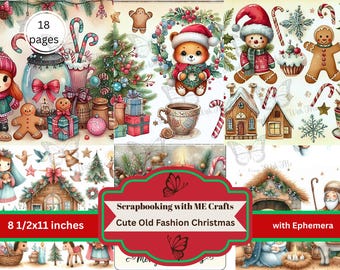 May include: A collection of Christmas-themed scrapbook pages with illustrations of gingerbread men, teddy bears, candy canes, and Christmas trees. The pages are 8 1/2 x 11 inches and include the text "Scrapbooking with ME Crafts Cute Old Fashion Christmas".