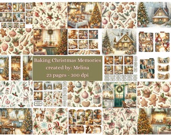 May include: A collage of watercolor illustrations with a Christmas theme. The images include decorated Christmas trees, gingerbread men, ornaments, and cozy kitchen scenes. Text reads "Baking Christmas Memories created by: Melina 23 pages - 300 dpi."