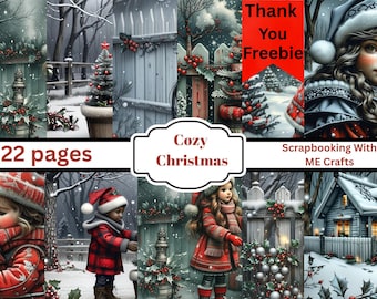 May include: A digital art collage with a winter Christmas theme. The image features children in winter clothing, Christmas trees, and snowy scenes. Text includes "Cozy Christmas", "22 pages", and "Thank You Freebie".