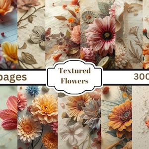 May include: A collage of floral designs in shades of orange, pink, and blue. The image includes the text "Textured Flowers", "16 pages", and "300dpi". The flowers have a vintage, textured appearance, with some designs featuring delicate line drawings.