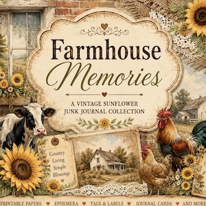 May include: A vintage-style digital art piece titled "Farmhouse Memories" featuring a cow, rooster, and hen, with sunflowers and a farmhouse scene. The image includes text: "A Vintage Sunflower Junk Journal Collection."