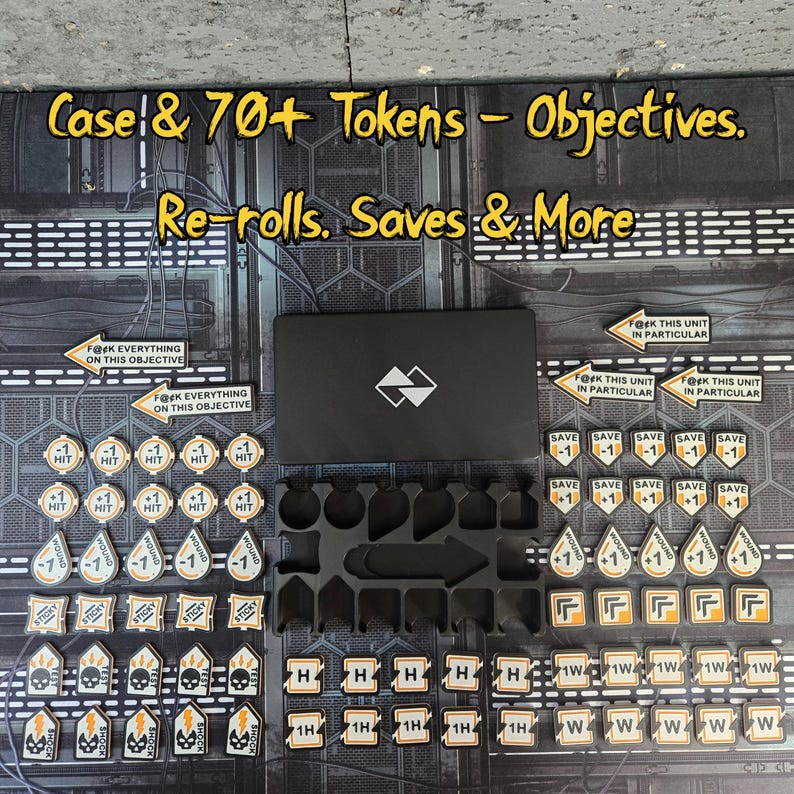 May include: A black case with a logo, surrounded by game tokens. The tokens are various shapes and colors, including white, orange, and black. Text on the tokens includes "Hit", "Save", and "Shock". The text "Case & 70+ Tokens - Objectives. Re-rolls. Saves & More" is also visible.