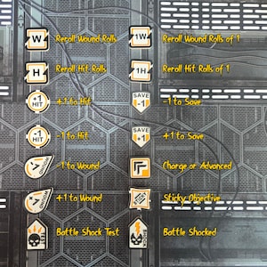 May include: A tabletop game board with various tokens and text. Tokens include "Reroll Wound Rolls", "Reroll Hit Rolls", "+1 to Hit", "-1 to Hit", "-1 to Wound", "+1 to Wound", "Battle Shock Test", and "Battle Shocked".