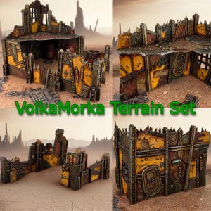 Può includere: Un set di terreno VolkaMorka composto da sezioni di muro modulari e usurate con una finitura in metallo giallo e arrugginito. Le strutture presentano cime appuntite, piastre rinforzate e dettagli industriali per tavoli da gioco.