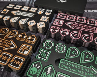 Reminder & Objective Marker Tokens with Case compatible with Warhammer 40K, KillTeams, WHFortyK. Includes: Hit + Battle Shock + Save