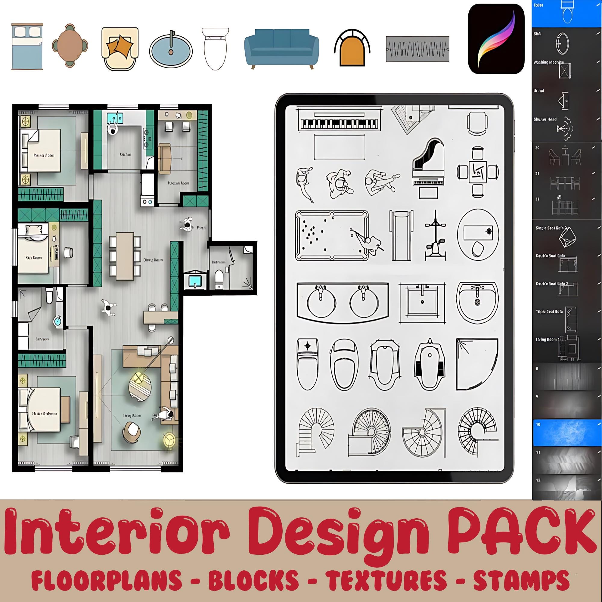 700+ Procreate Interior Furniture Stamp Brushes â Floorplan Blocks, Architectural Stamps & Texture Brushes for Interior Design