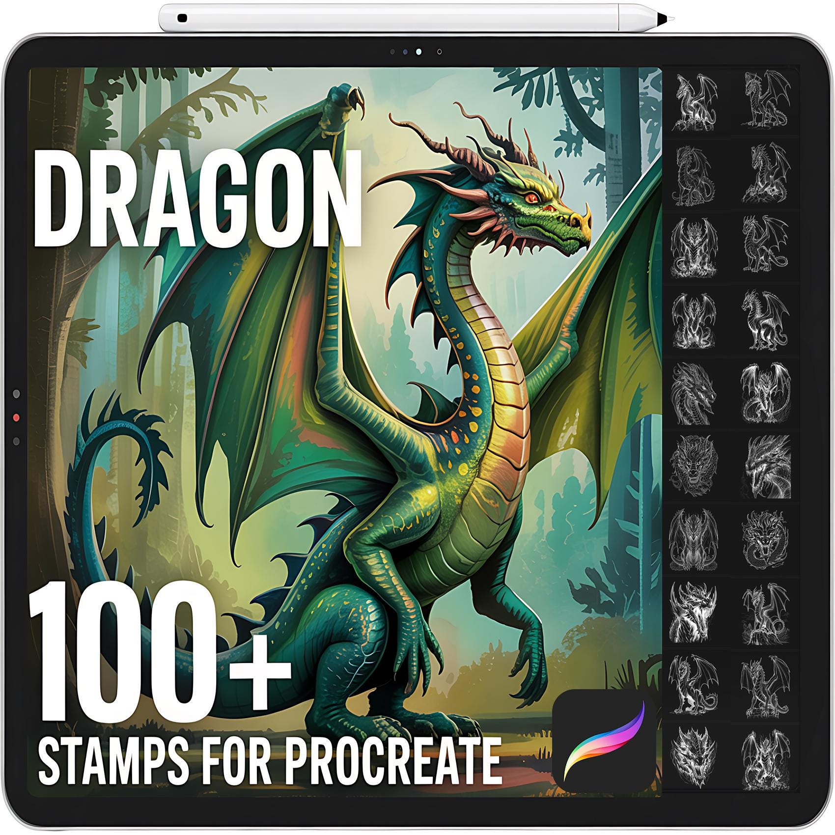 100+ sellos y pinceles de dragones para Procreate | Criaturas fantásticas, doodles juguetones, pack estilo tatuaje