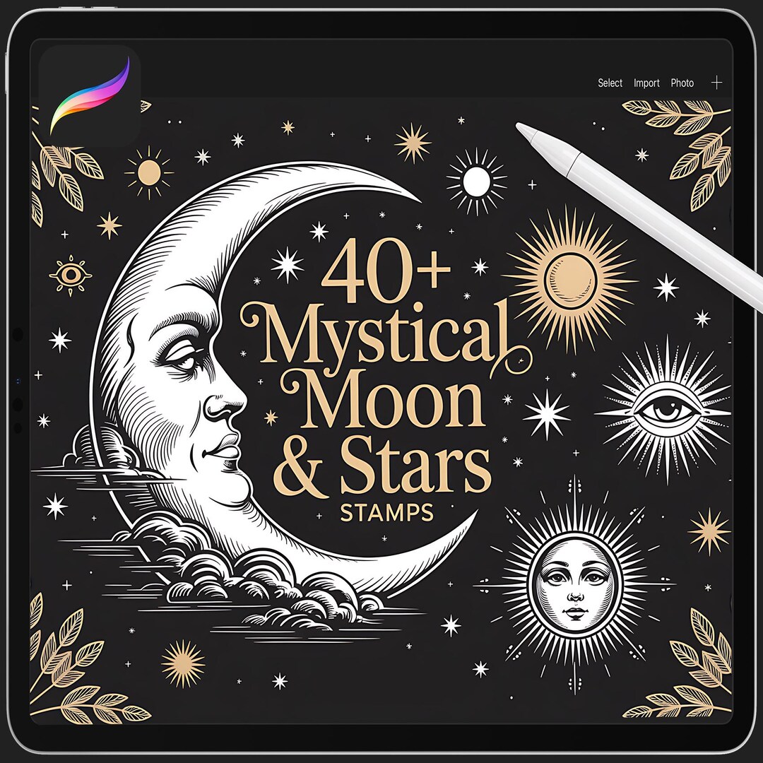 Mystical Moon and Stars Procreate Stamps, Procreate Universe, Celestial ...