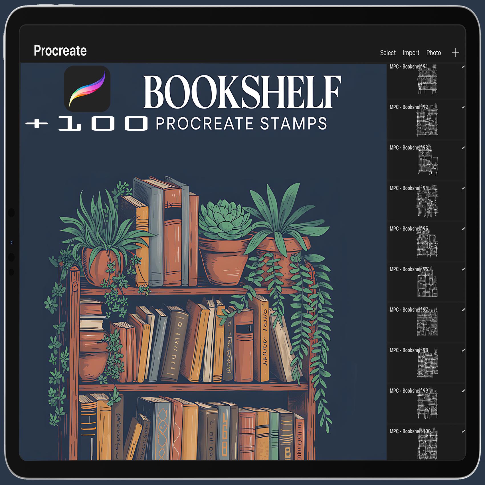 Más de 100 sellos de estanterías para Procreate – Diseño de interiores, decoración de habitaciones y pinceles de biblioteca fantástica | Descarga digital instantánea