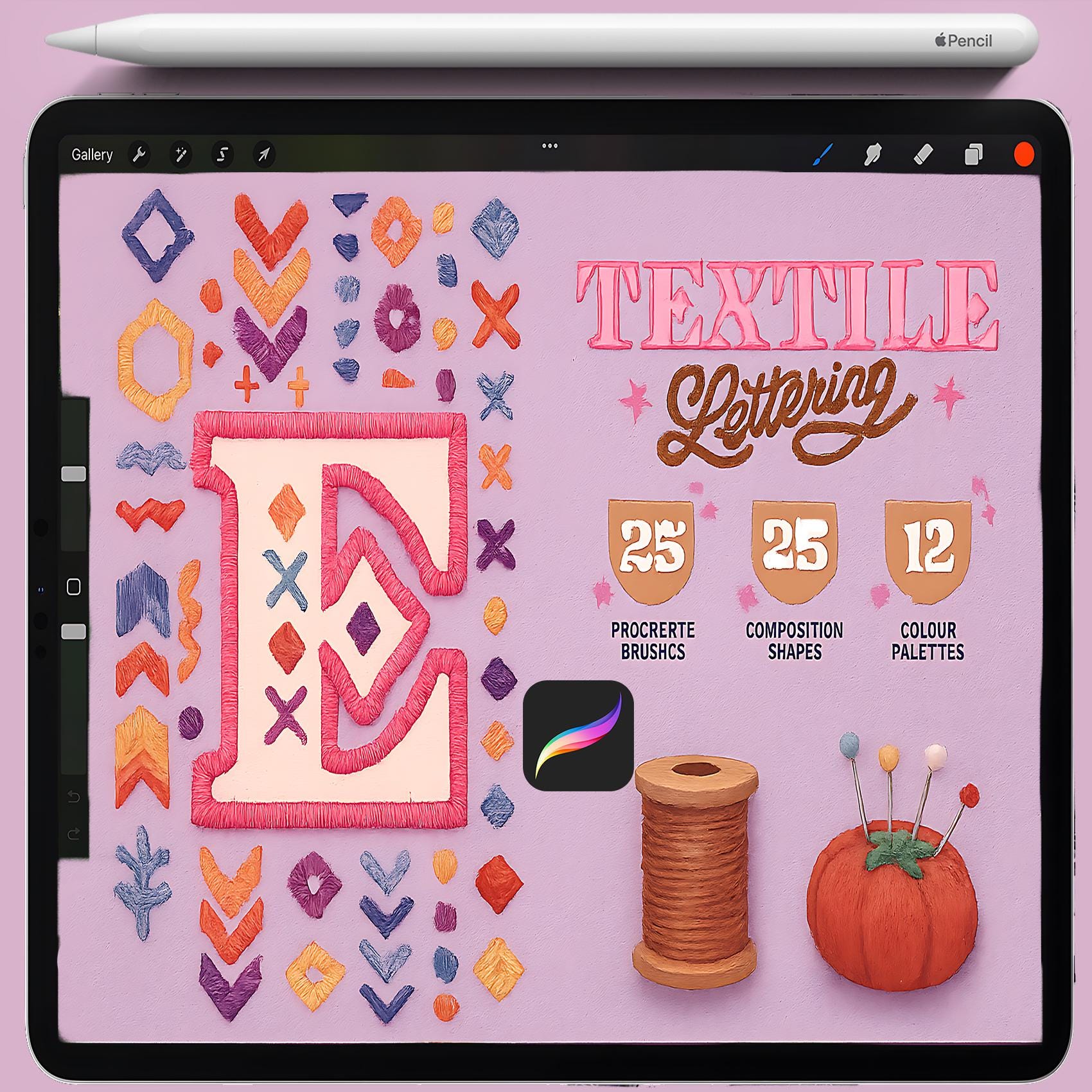 Kit realista de lettering textil para Procreate – Pinceles de tela, puntadas de bordado y costura para caligrafía en iPad
