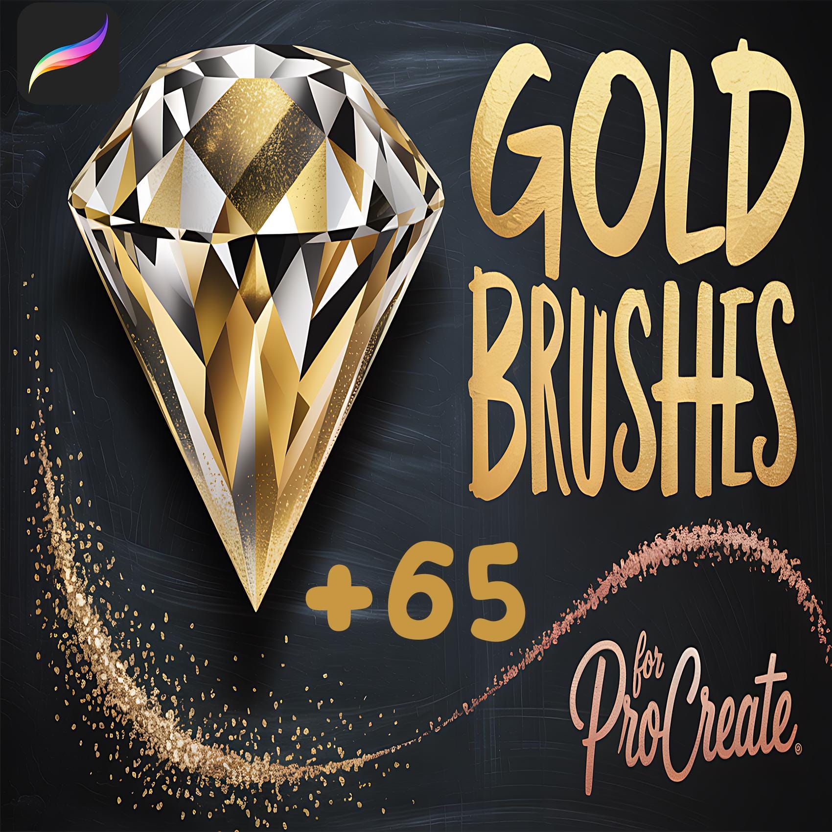 65+ pinceles de Procreate dorados y set de brillo con efectos metálicos líquidos, paletas y papel texturizado