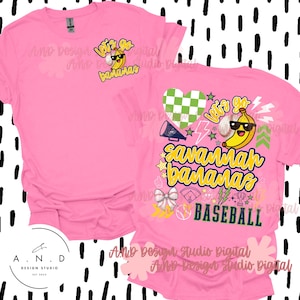 May include: Pink t-shirt with a cartoon banana wearing sunglasses and the text "Let's Go Bananas". The back of the shirt has a baseball theme with the words "Savannah Bananas Baseball".