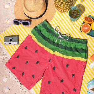 Watermelon Print Swim Trunks for Summer Fun, Beachwear, Pool Party, Summer Vacation, Tropical Swim Shorts