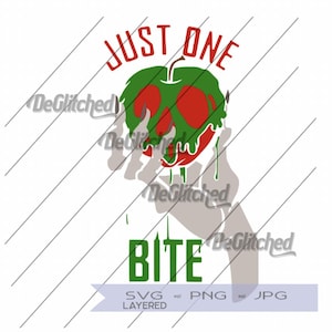 May include: A graphic illustration featuring a green and red apple with the words "JUST ONE BITE" in red and green text. The apple appears to be dripping, and is held by a grey hand. The image has a white background.