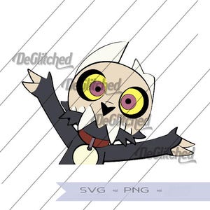 May include: A digital illustration of a cartoon character with a skull-like head, large yellow eyes with purple pupils, and a black body. The character wears a red collar with a circular tag and has arms raised. The text DeGlitched is visible.