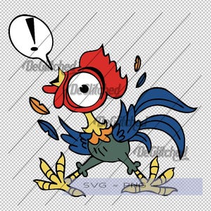 May include: A cartoon illustration of a startled rooster with a large red comb, blue wings and tail feathers, and yellow feet. The rooster has a single large eye and a white speech bubble above its head containing a black exclamation point.