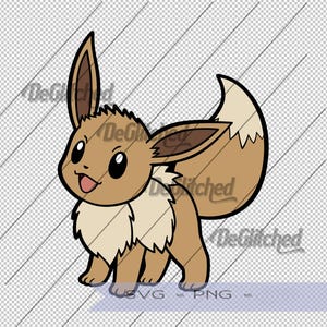 May include: A digital illustration of a brown Eevee character with large pointed ears, a cream-colored fluffy neck ruff, and a bushy tail with a cream tip. The character has black eyes, a small nose, and an open mouth showing a pink tongue.