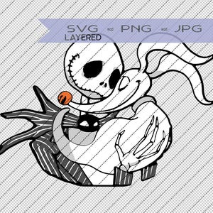 Pode incluir: Ilustração de arte de linha em preto e branco de Jack Skellington de O Estranho Mundo de Jack, abraçando Zero, o cão fantasma. Jack está vestindo seu terno listrado característico e Zero tem um nariz laranja brilhante.