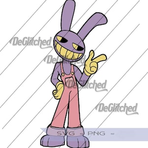 May include: A cartoon character illustration of a purple rabbit-like figure with long ears, yellow eyes, and a wide yellow grin. The character wears pink overalls over a purple shirt, yellow gloves, and purple boots, making a peace sign with one hand.