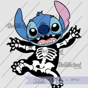 May include: A blue cartoon character with a skeleton costume, large eyes, and a wide grin. The digital graphic features the words "SVG, PNG, JPG, LAYERED" at the bottom. The character has large ears and is in a playful pose.