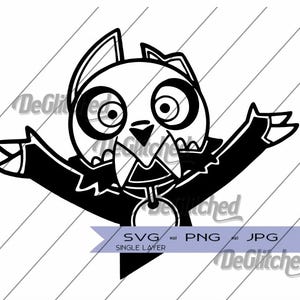 May include: Black and white cartoon illustration of a creature with large eyes, sharp teeth, and outstretched arms. The design includes the text "SVG PNG JPG" and "SINGLE LAYER".