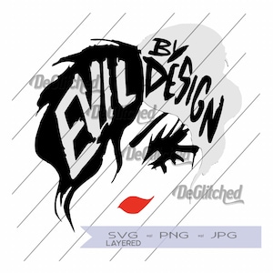 Może przedstawiać: Czarno-biała grafika z napisem "EVIL DESIGN" i stylizowaną twarzą z czerwonymi ustami. Projekt zawiera tekst "BY" nad "DESIGN". Obraz zawiera również typy plików SVG, PNG i JPG.