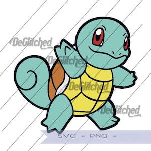 May include: A digital illustration of a light blue turtle-like creature with a yellow underbelly and a brown shell. The character has large red eyes and a curled tail. The image features the text DeGlitched, SVG, and PNG overlaid on the design.