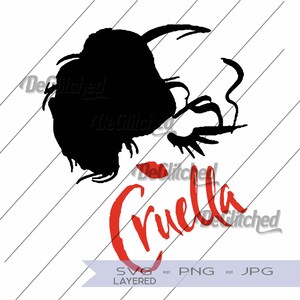 May include: A black silhouette of a woman's face and hair, with red lips and the name "Cruella" in red script. The image is on a white background with diagonal gray lines.