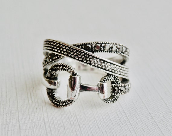 Marcasite Buckle Ring, Silver Key Ring, Wraparoun… - image 1