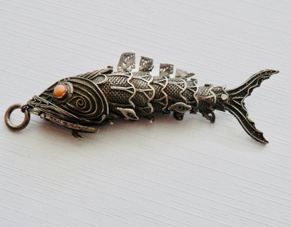 Articulated Fish Pendant, Chinese Export Silver F… - image 5