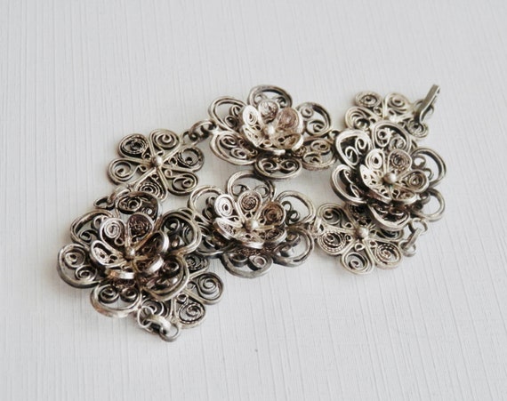 Antique Silver Filigree Bracelet, Silver Flower B… - image 9