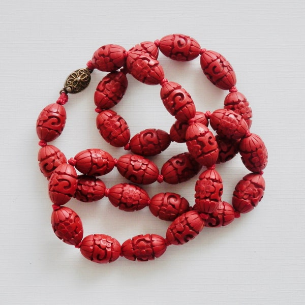Antique Chinese Export, Red Cinnabar Bead Necklace, Beaded Necklace, 1 Strand, Oval Capsule 16mm Beads, Statement Costume Jewelry Asian