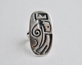 Hopi Overlay Ring, Sterling Silver, Southwestern Native American Jewelry, Size 5 Ring, Oxidized Silver, Wide Band, Lawrence Saufkie, 925