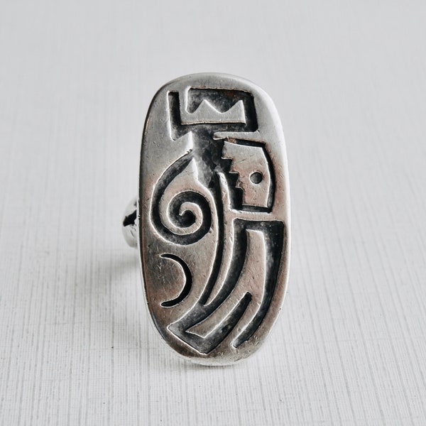 Hopi Overlay Ring, Sterling Silver, Southwestern Native American Jewelry, Size 5 Ring, Oxidized Silver, Wide Band, Lawrence Saufkie, 925