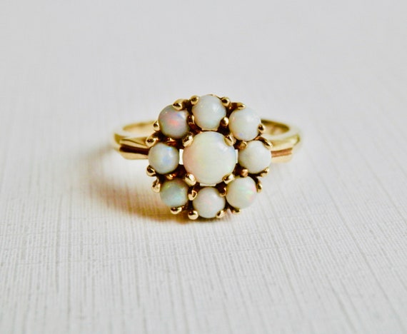 Opal Ring, SKAL 14K Ring, Yellow Gold, Flower Clu… - image 2