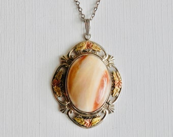 Art Deco Necklace, Cream Agate, Sterling Pendant, Black Hills 10K Rose Gold, Antique Jewelry, 16" Chain, Vintage Necklace, Deco Clasp