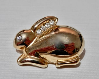 Easter Bunny Brooch, Rhinestone Brooch Pin, Vintage Figural Jewelry, Gold Tone, Animal Pin, Peter Rabbit, Clear Rhinestones, Bugs Bunny