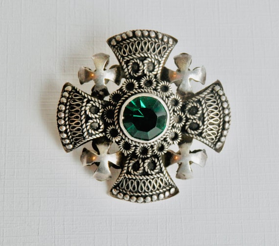 Jerusalem Cross Brooch Pin, 950 Silver Cannetille… - image 6