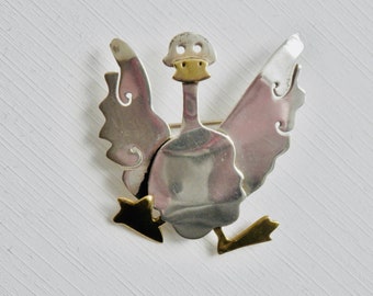 Signed Far Fetched Brooch, Duck Pin, Sterling Silver Bird Brooch, Brass Mixed Metals, Vintage Mexican Silver, Modernist Jewelry