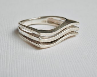 Abstract Wave Ring, Sterling Silver, Triple Stack Wide Band, Size 7-1/2, Unisex Jewelry, Modernist Minimalist, Gender Neutral