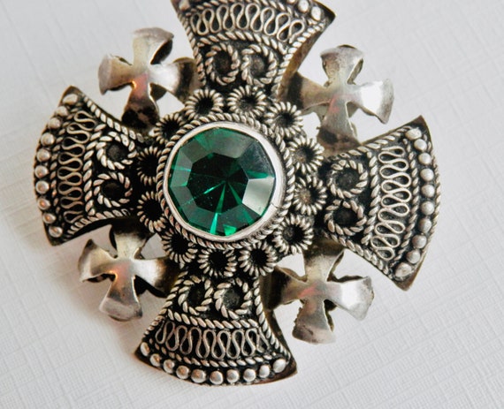 Jerusalem Cross Brooch Pin, 950 Silver Cannetille… - image 2