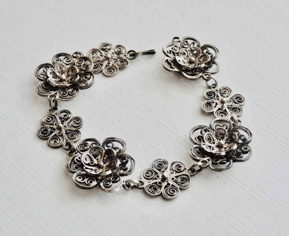 Antique Silver Filigree Bracelet, Silver Flower B… - image 1