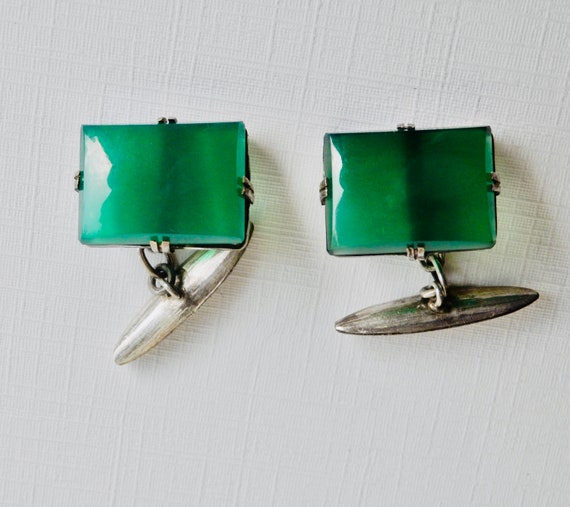 Antique Cuff Links, Sterling Silver, Green Chryso… - image 4