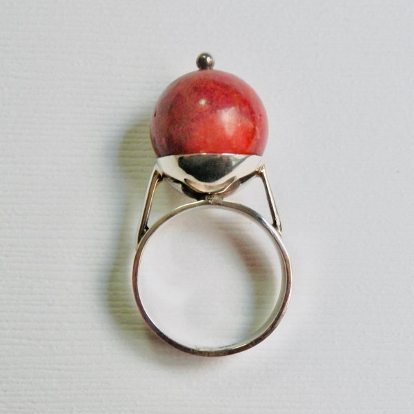 Modernist Ring, Sterling Silver, Orange Resin, Statement Ring, Ball Dome Ring, Geometric Jewelry, Avant Garde Jewelry