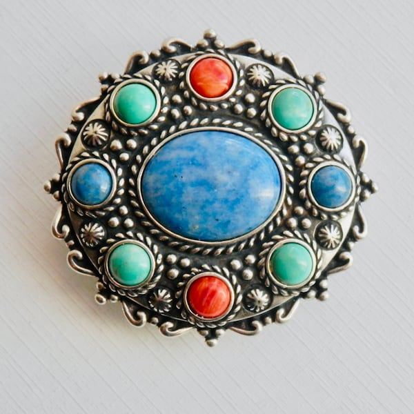 CAROLYN POLLACK Relios Pendant Brooch Sterling Silver Turquoise Spiny Oyster Blue Lapis Southwest Style Designer Signed 36 Grams Artisan