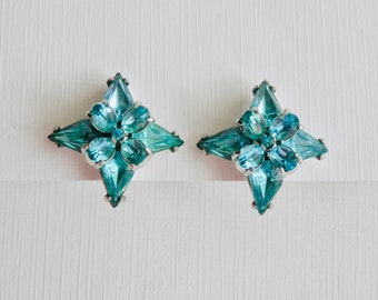 Vintage HOLLYCRAFT Earrings, Blue Topaz Rhinestones, Starburst Design, Signed Vintage Designer Costume Jewelry, December Stone, Pear Shaped